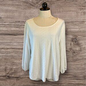 Adrianna Papell Womens Eyelet White Lined Crewneck Blouse Long Sleeve Sz XL